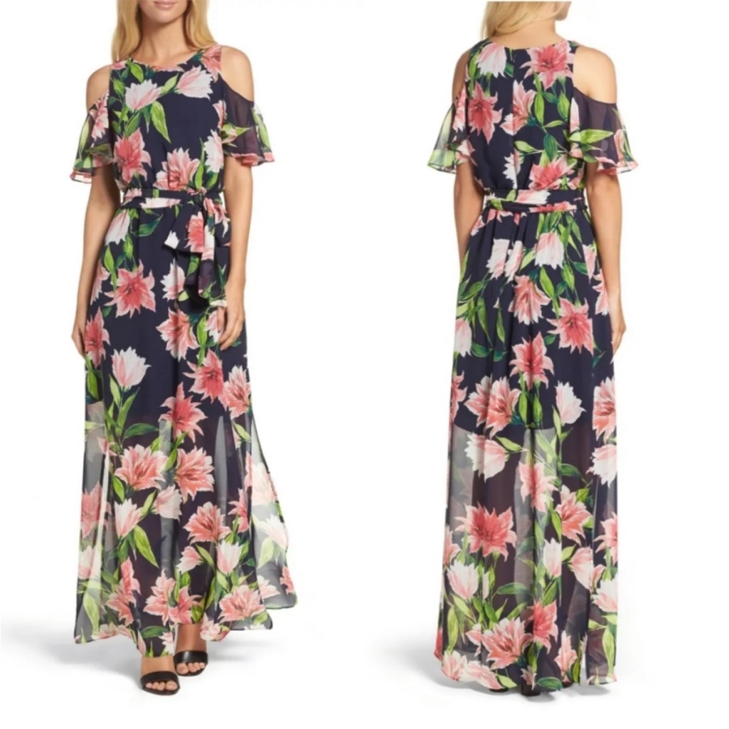 Eliza J Chiffon Floral Maxi Dress Size 14 Formal Sheer Wedding Guest